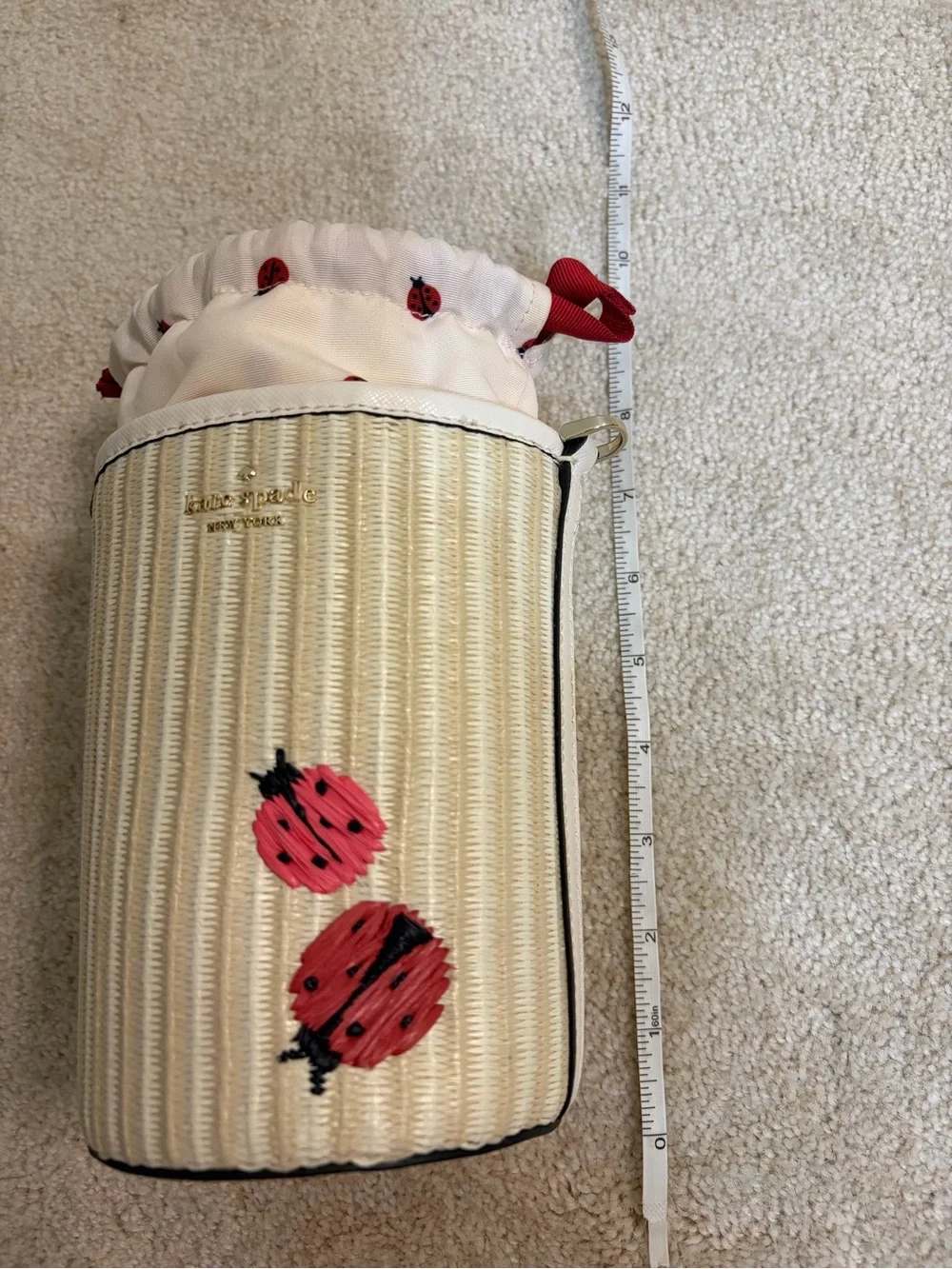 Kate Spade Dottie Ladybug Straw Embroidered Cylinder Crossbody Bag MSRP $349